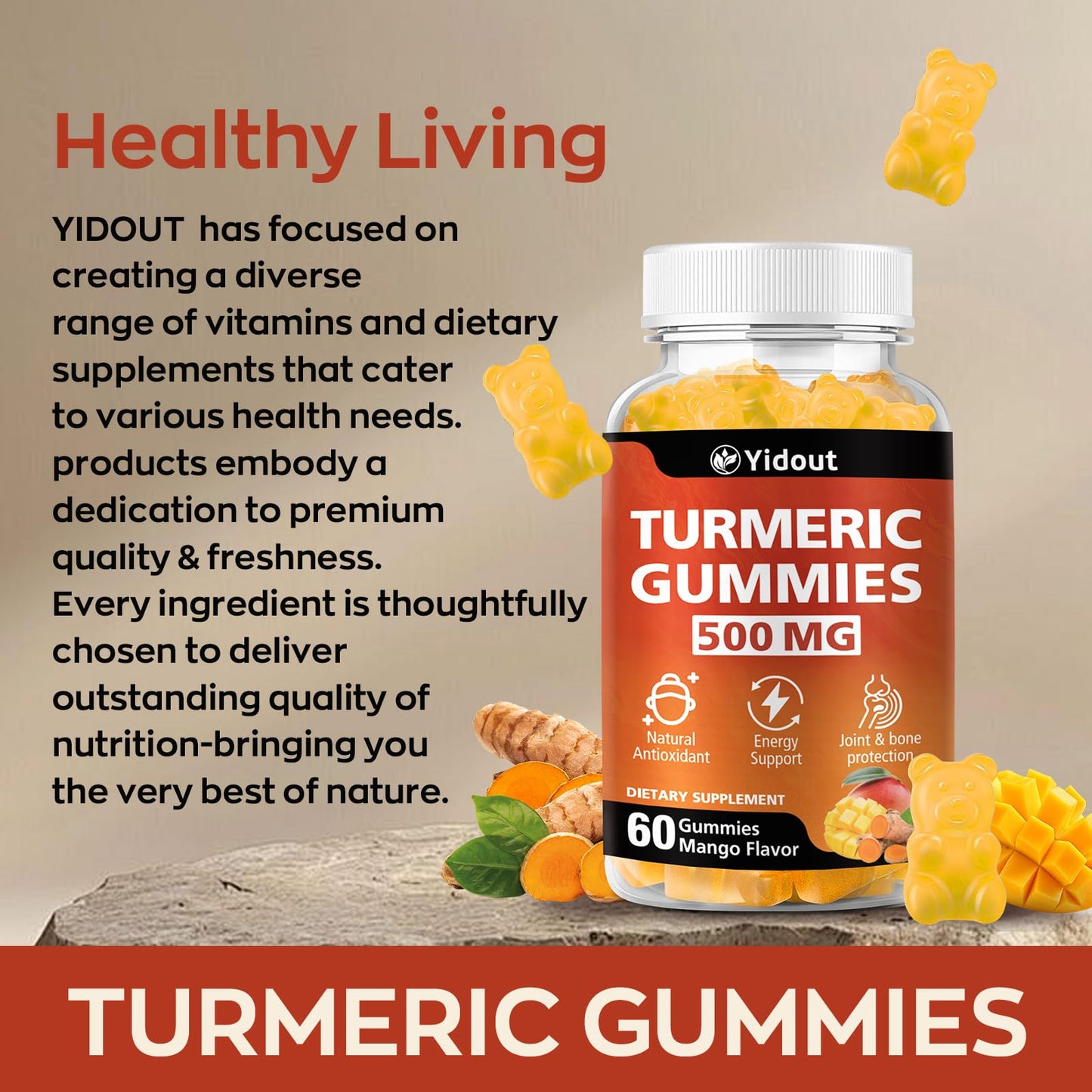 Yidout 500mg Turmeric Curcumin Gummies, Ginger Black Pepper High Absorption, Mango, 120 Gummies