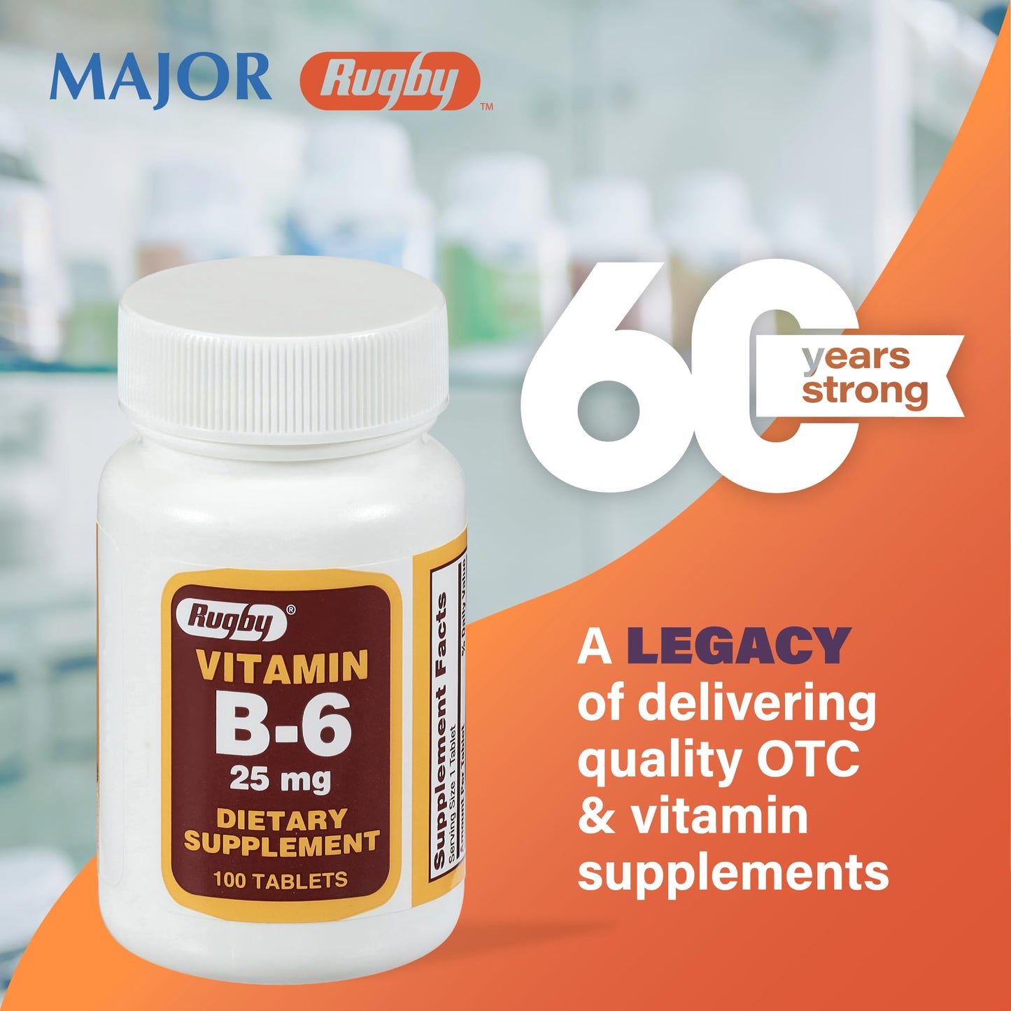 Rugby Laboratories Vitamin B-6 Tablets, 25 mg, 200 Count