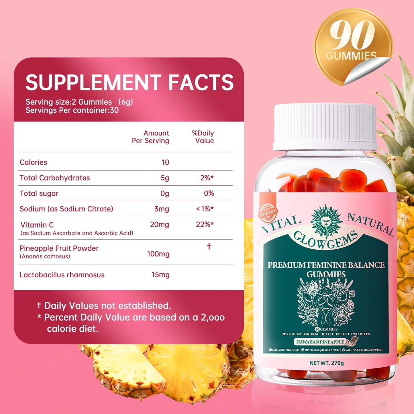 GlowGems Vital Natural Feminine Balance Gummies Chewable 90 Count