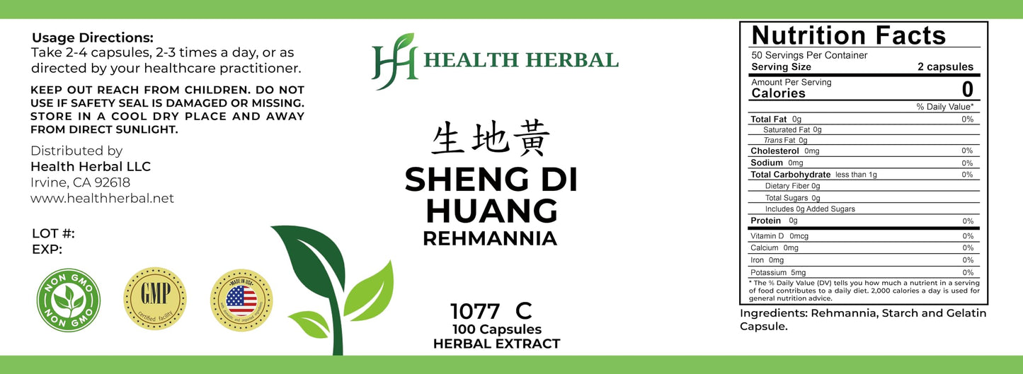 Health Herbal Sheng Di Huang/Rehmannia Capsules, 100 Capsules