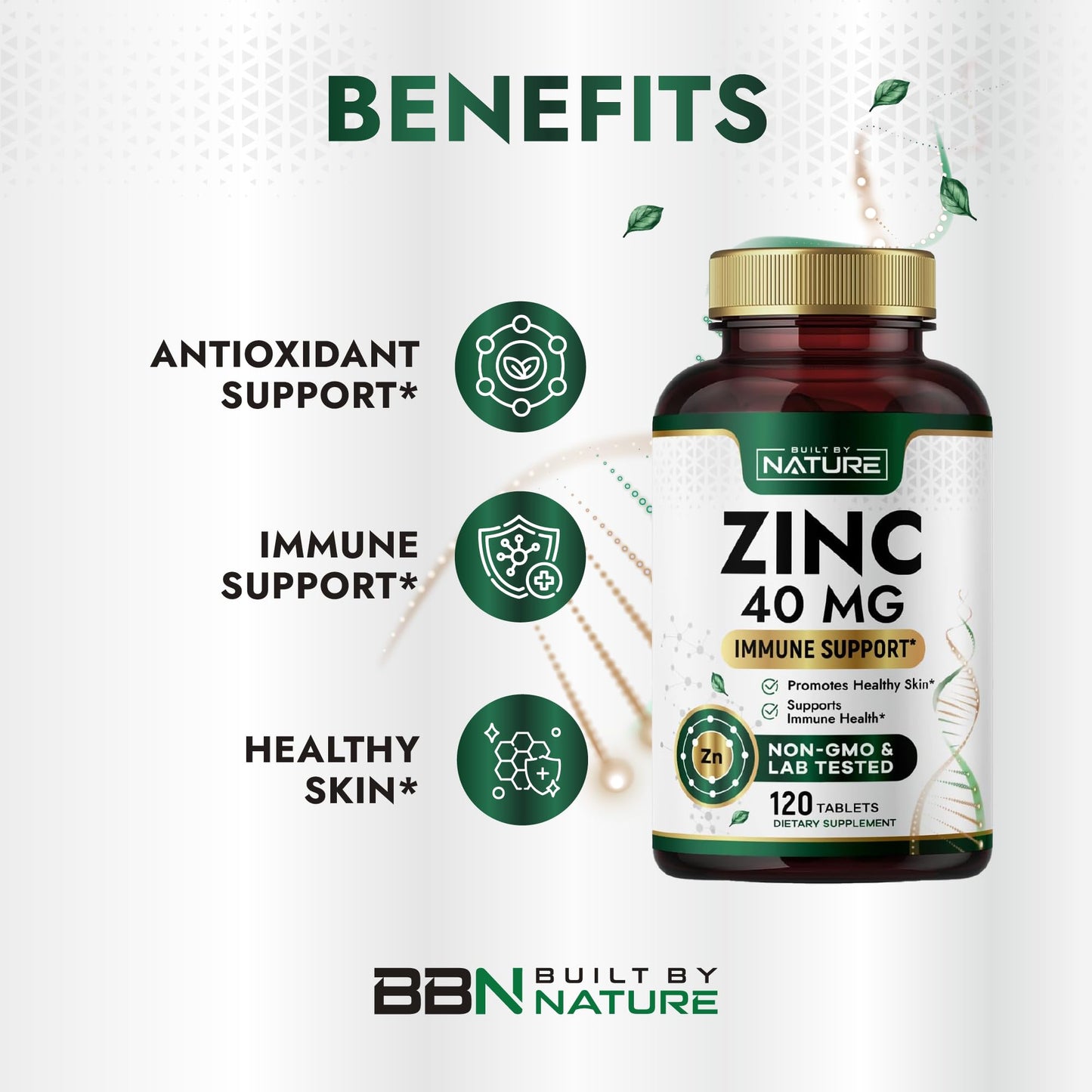 Built by Nature Zinc 40 mg – High-Potency Immune Support & Antioxidant Supplement – Promotes Skin Health & Wound Healing – Zinc Gluconate – Non-GMO, Gluten Free – 120 Tablets