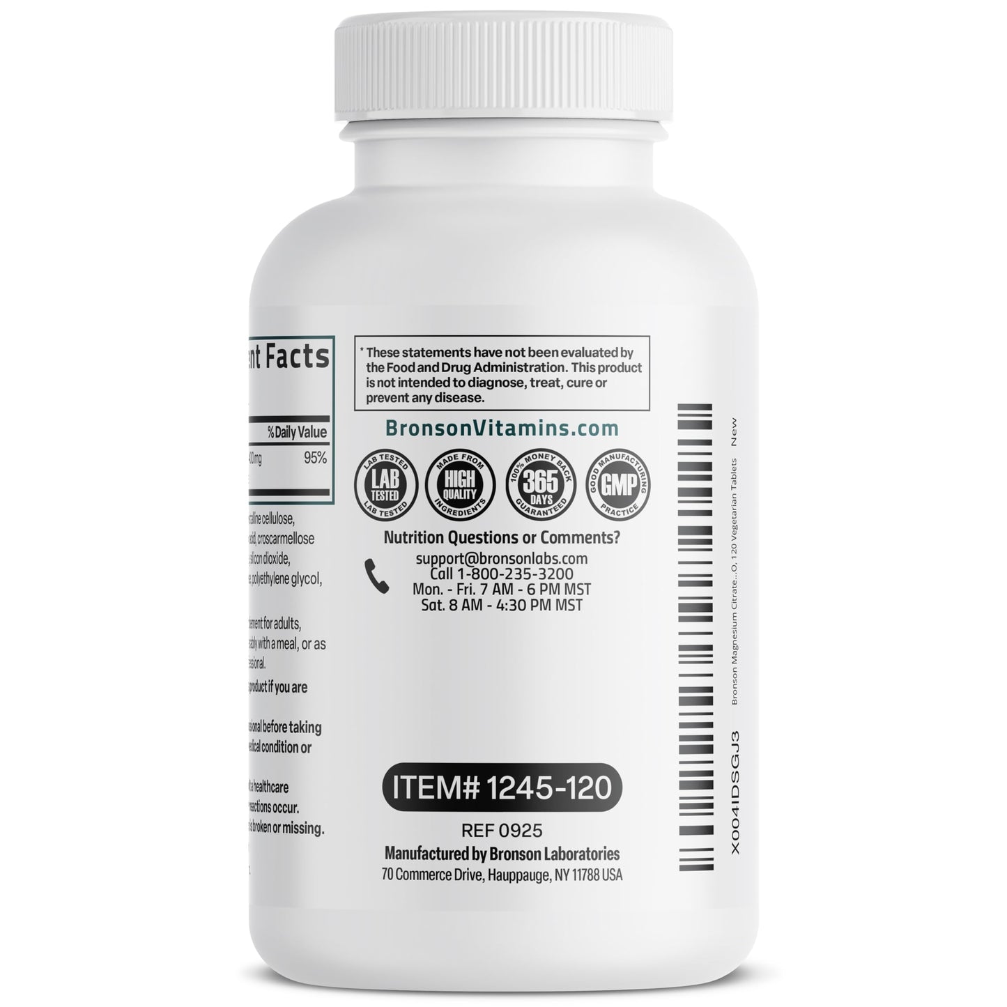 Bronson Magnesium Citrate 400mg Per Serving High Absorption Formula Non-GMO Tablets, 120 Count