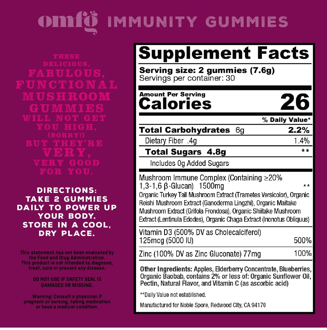 OH MY FUNGI GUMMIES Mushroom Supplement Gummies for Immunity – Reishi, Turkey Tail, Chaga, Zinc, D3 – Vegan Gummy for Healthy Immune Support - Elderberry Blueberry Flavor, 60 Count