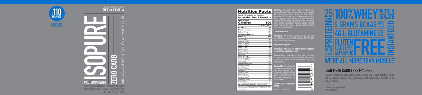 NATURE'S BEST Isopure Zero Carb Whey Protein Creamy Vanilla 7.5 lb 120 Servings