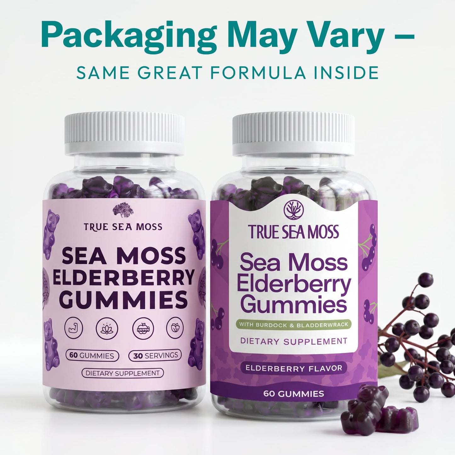 TrueSeaMoss Sea Moss Gummies with Elderberry, Burdock Root & Bladderwrack – Fruity Flavor – for Adults & Kids 4+ – 60 Gummies