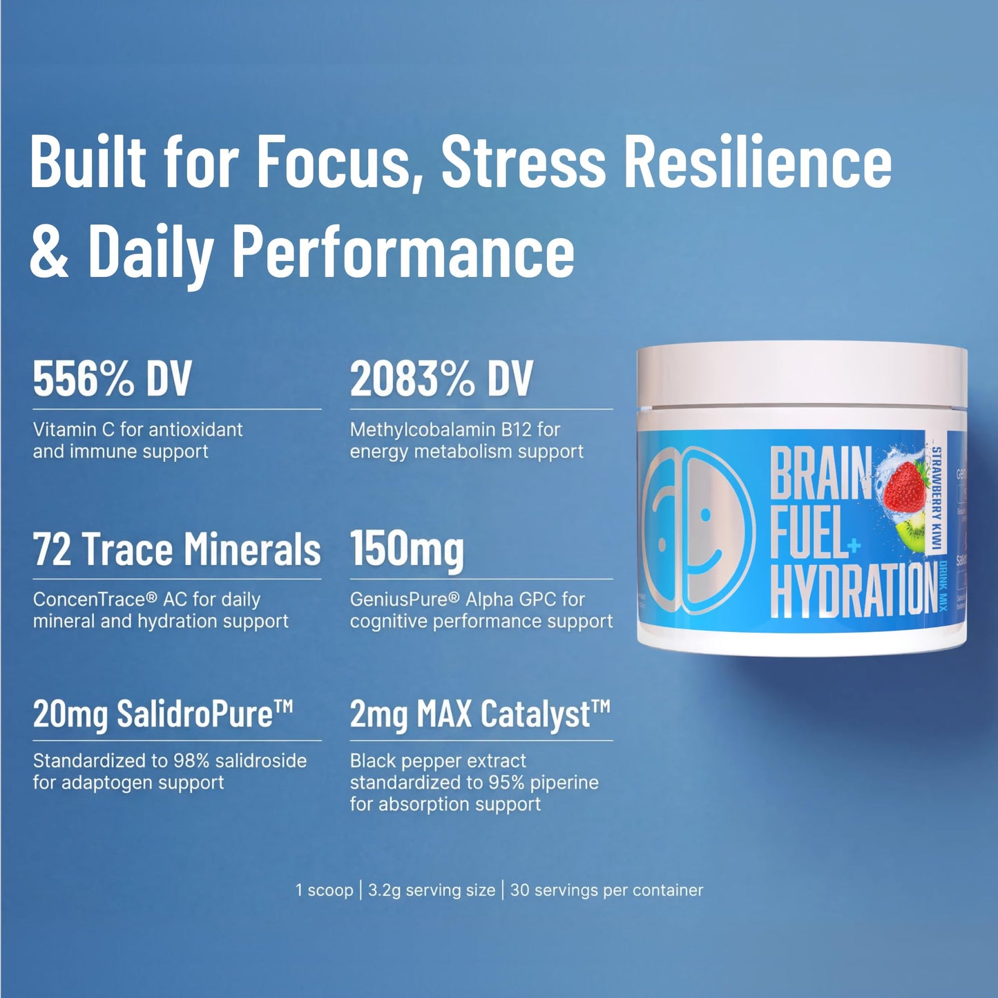 Lithios Brain Fuel+ Nootropics Kiwi Lemonade Daily Focus & Clarity Powder, 3.4 Ounce