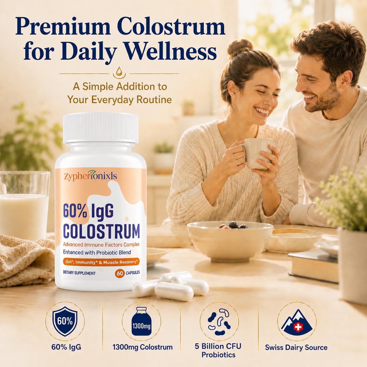 Zypherionixls Bovine Colostrum Supplement 1300mg, 60% IgG with Lactoferrin & 50B CFU Probiotics, Swiss Grass-Fed Colostrum Capsules 120