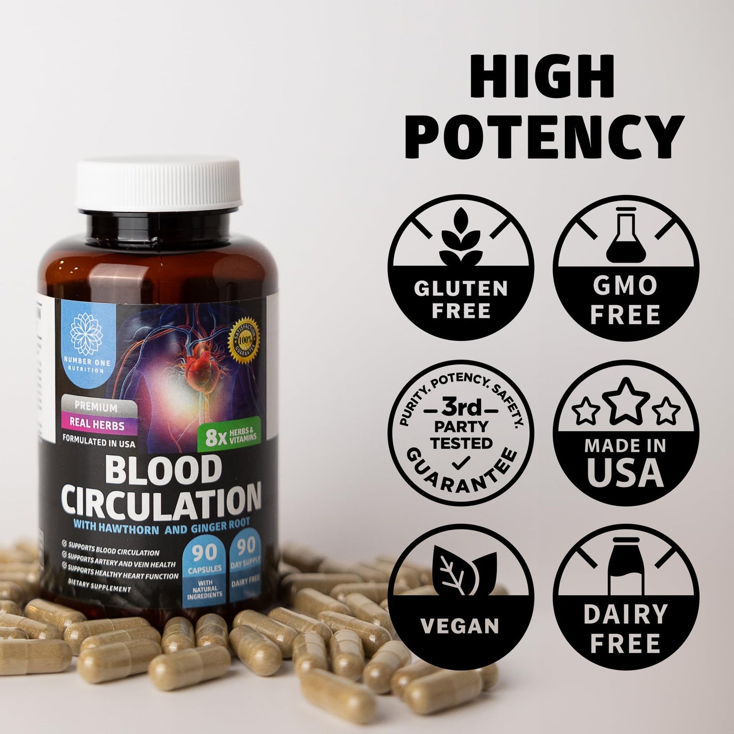Number One Nutrition Premium Blood Circulation Supplement for Women and Men Capsule, 90 Count