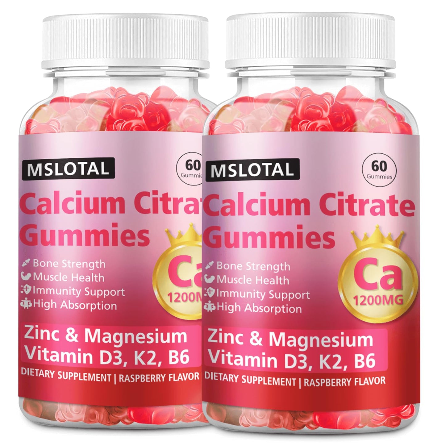 MSLOTAL Calcium Citrate Gummies, 1200mg Calcium with Vitamin D3, B6, B12, Magnesium & Zinc, Supports Bone & Muscle Health, 120 Gummies