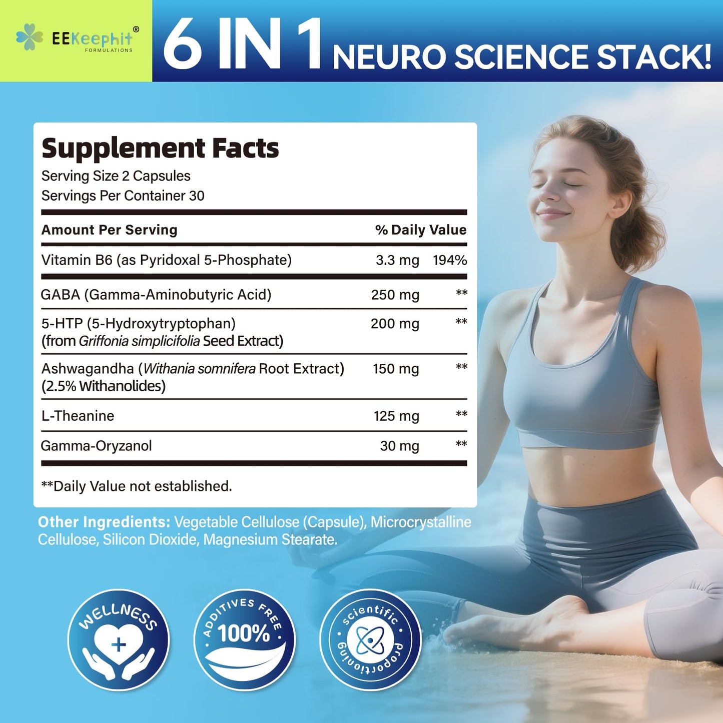 EEKEEPHIT 6 in 1 Melatonin-Free Sleep Aid Sleep Complex with Ashwagandha, GABA, L-Theanine & 5-HTP, VIT B6(P5P) for Adults, Supports Deep Relaxation, Capsule, 60 Capsules