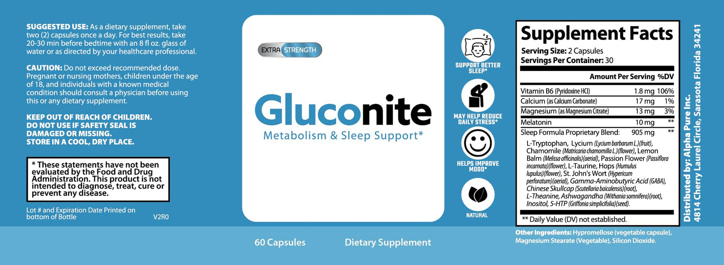 Alpha Pure Gluconite Metabolism and Sleep Support 60 Capsules