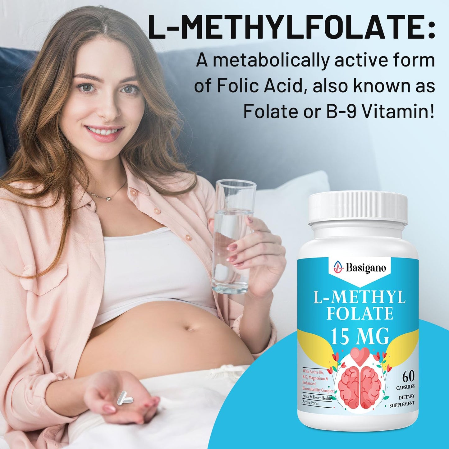 Basigano L Methylfolate 15mg (5-MTHF) - Active Folic Acid with B6 and B12, 60 Capsules