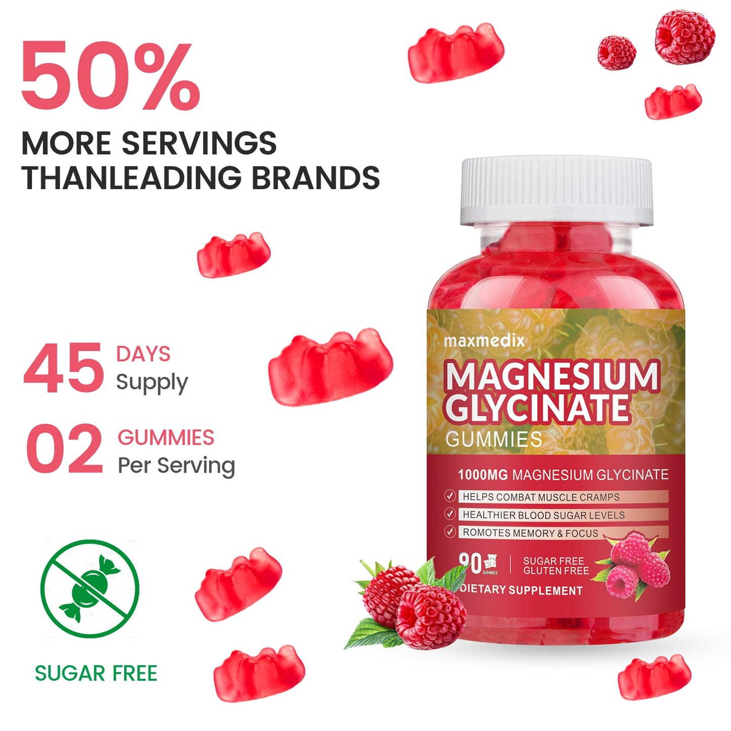 Maxmedix Magnesium Glycinate Gummies 1000mg, Sugar Free Magnesium Potassium Supplements Chewable with L-Threonate for Sleep, Body Support and Relaxation, 90 Gummies