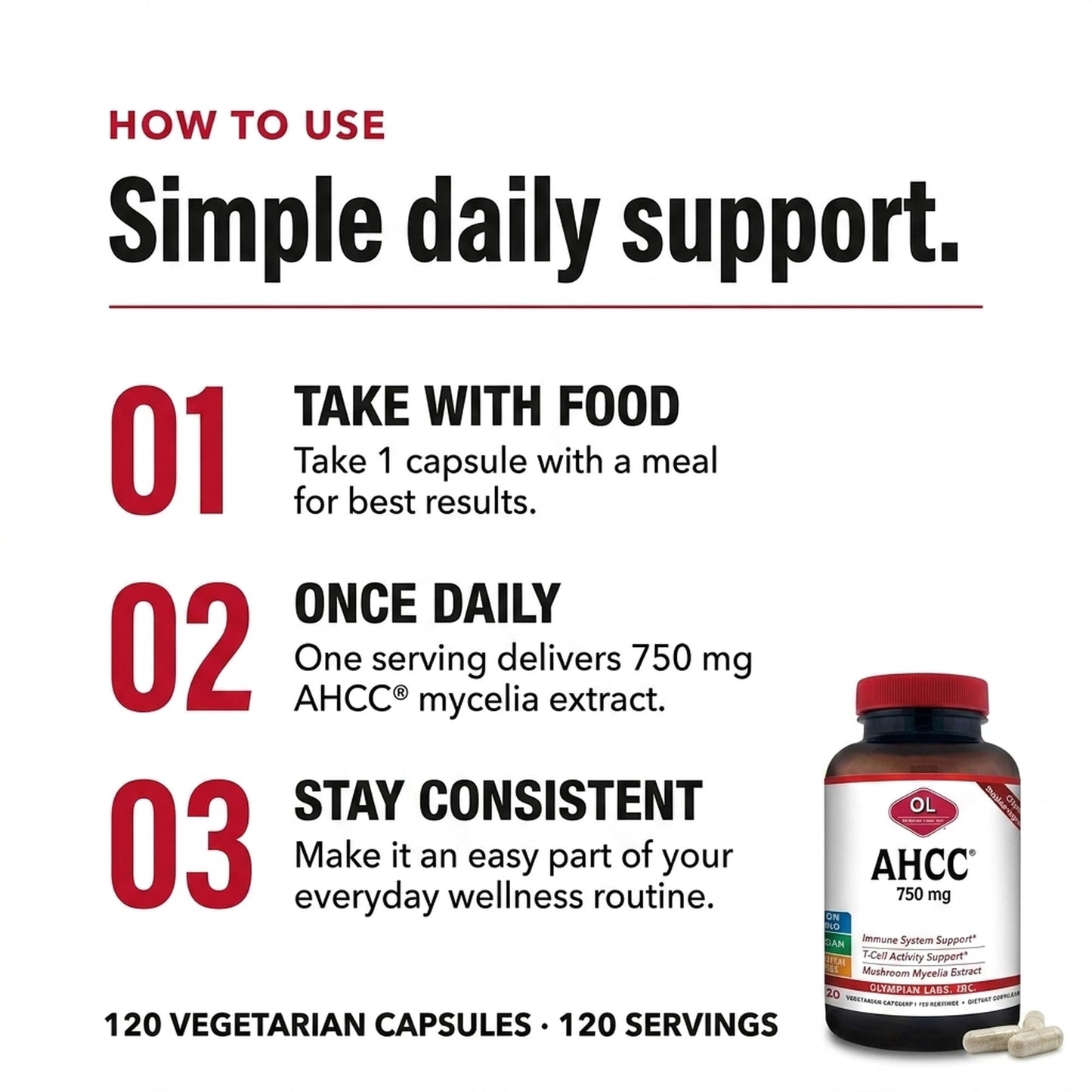 Olympian Labs Premium AHCC Supplement 750mg per Capsule, 120 Capsules