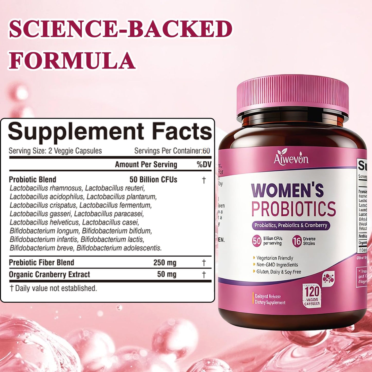 Aiwevon Women Probiotics 50 Billion CFU with Prebiotics & Cranberry, 16-Strain Probiotic for Digestive Gut Health, Vaginal & Urinary Tract Support, 120 Capsules