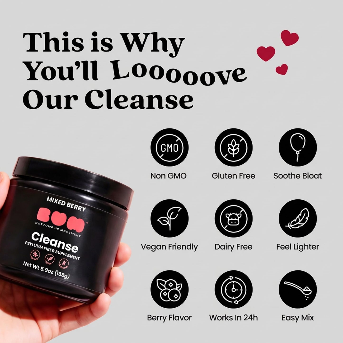 Bottoms Up Movement Psyllium Fiber Cleanse Powder for Daily Gut Care – Soluble Psyllium Husk Fiber with Sugar Free Formula – 5.9