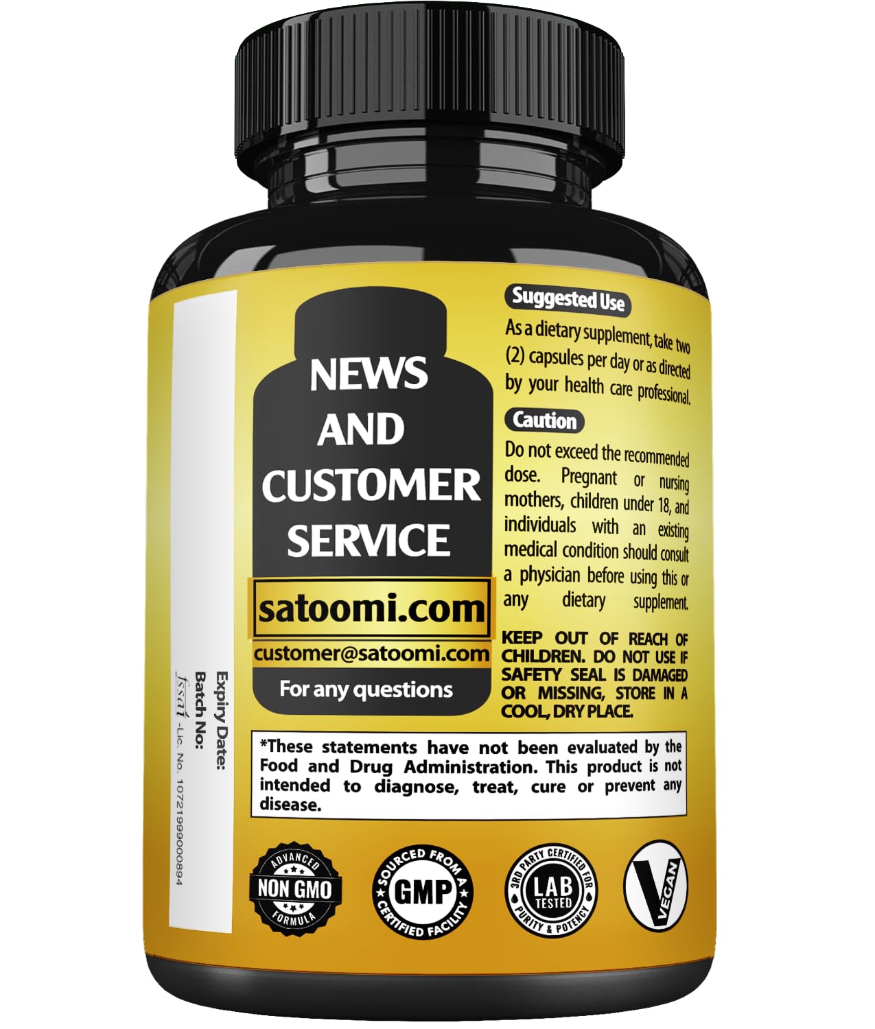 Satoomi Lions Mane Supplement Capsules with Magnesium, Ashwagandha, Ginkgo Biloba, Rhodiola Rosea and Gotu Kola - 210 Vegan Capsules