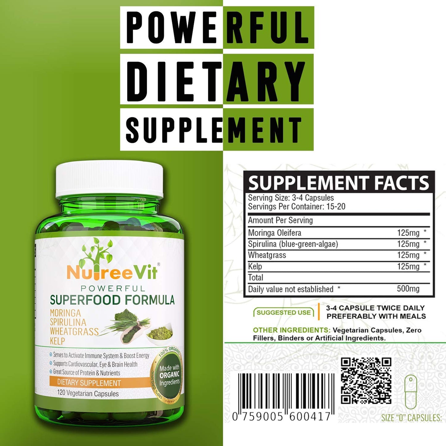 NutreeVit 100% Organic Powerful Superfood Formula Immune System Booster with Moringa, Spirulina, Wheatgrass, and Kelp Capsules, 200 Count