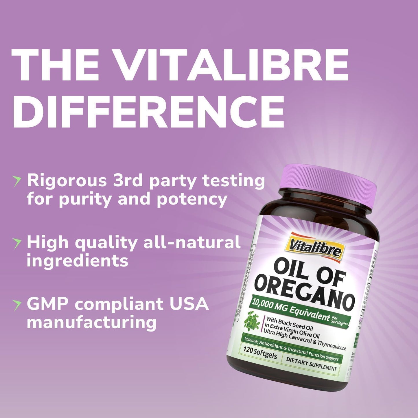 Vitalibre Oil of Oregano 500mg with Black Seed Oil Softgels, 120 Count
