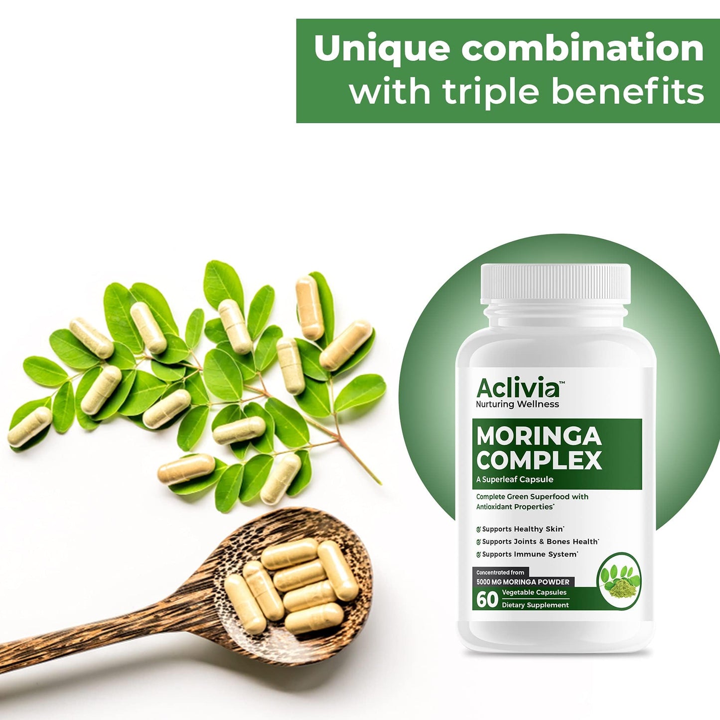 Aclivia Moringa Complex Maximum Strength Moringa Oleifera Leaf & Seed Supplement Capsules, 60 Capsules