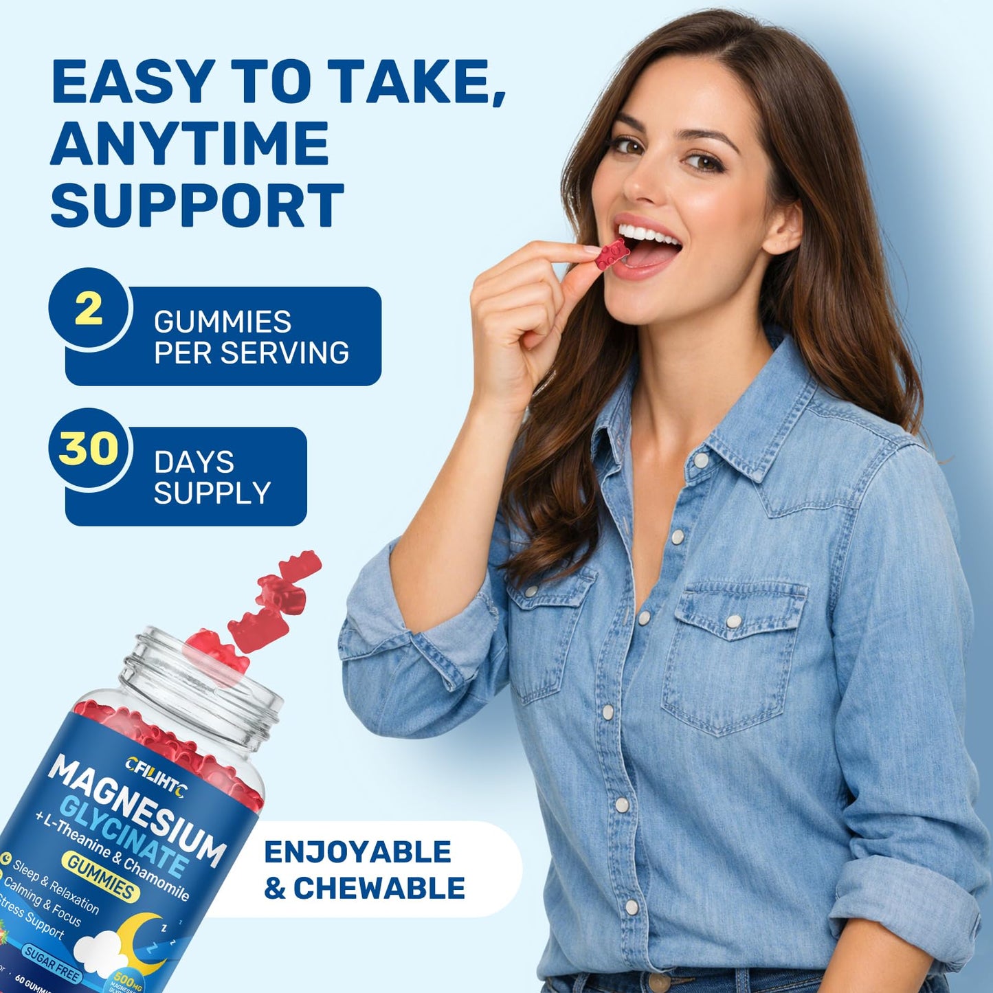 CFILIHTC Magnesium Glycinate Gummies with L-Theanine & Chamomile 500mg, Strawberry Flavor, 60 Count