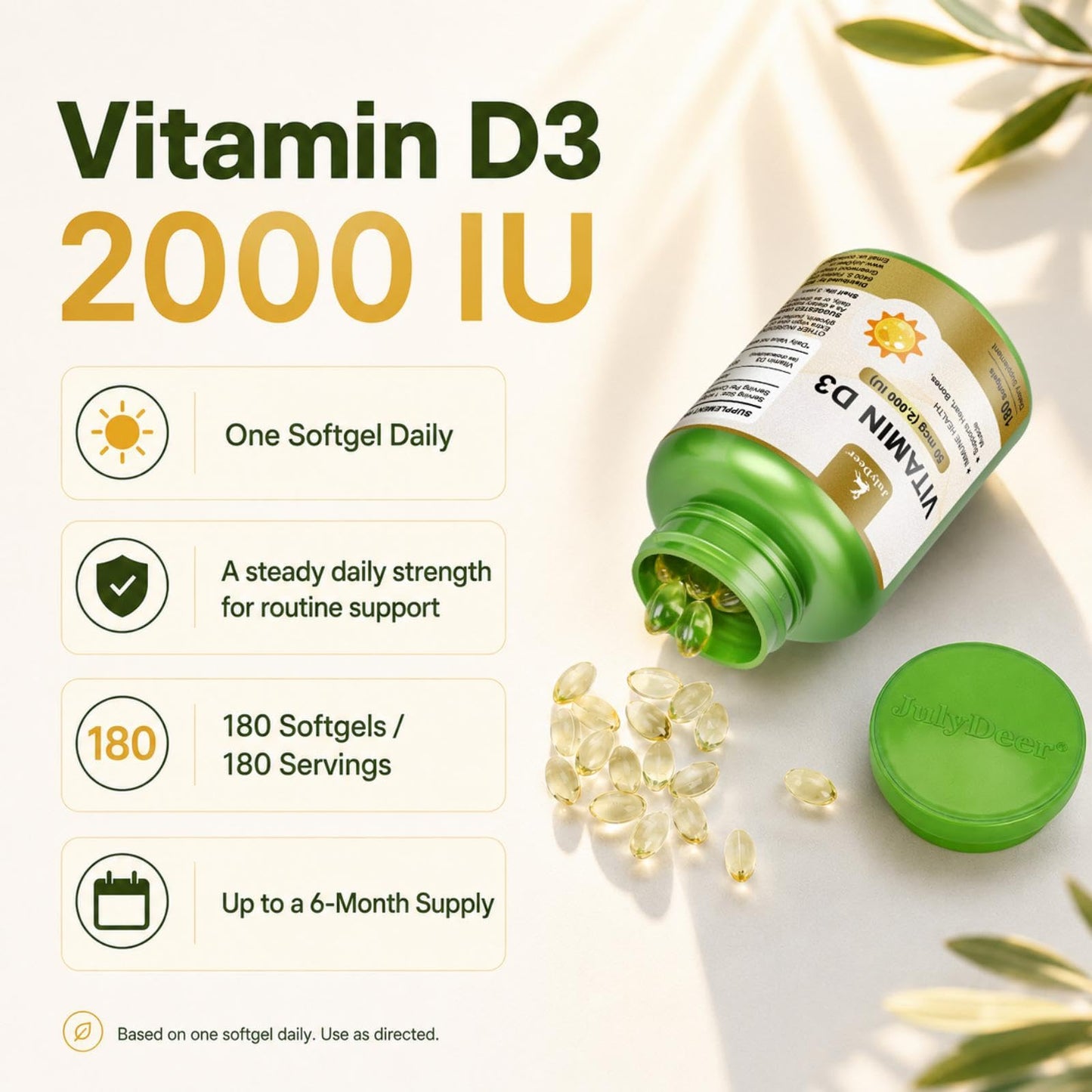 VBTOP NUTRA Vitamin D3 2000 IU (50 mcg) Supplement With Olive Oil Softgel, 180 Softgels