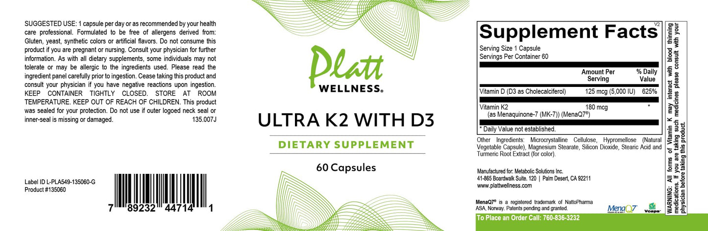 Platt Wellness Ultra K2 with D3 Vitamin K2 (MK-7) + Vitamin D3 Supplement 60 Capsules