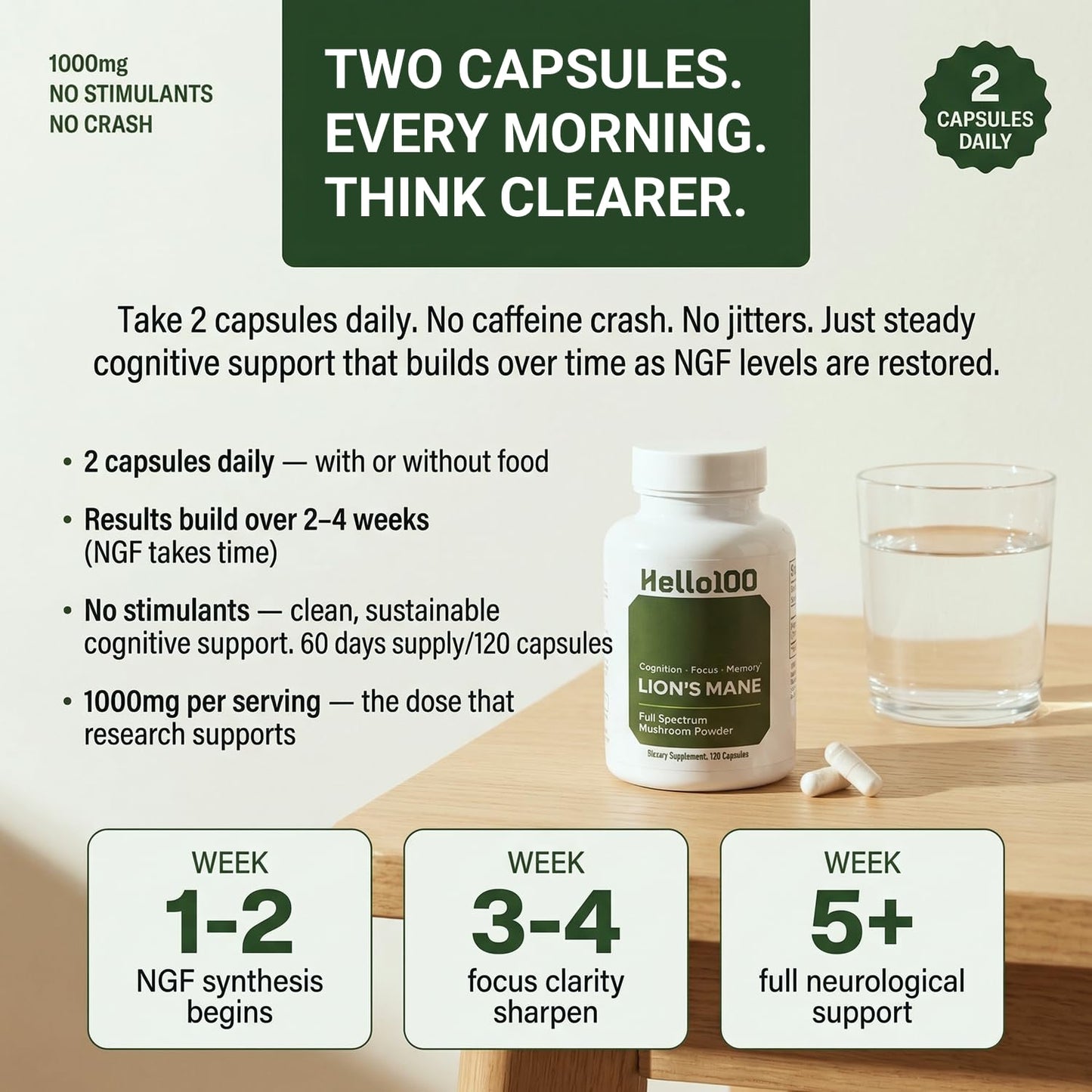 HELLO100 Organic Lion's Mane Mushroom Supplement Capsule 60 Capsules