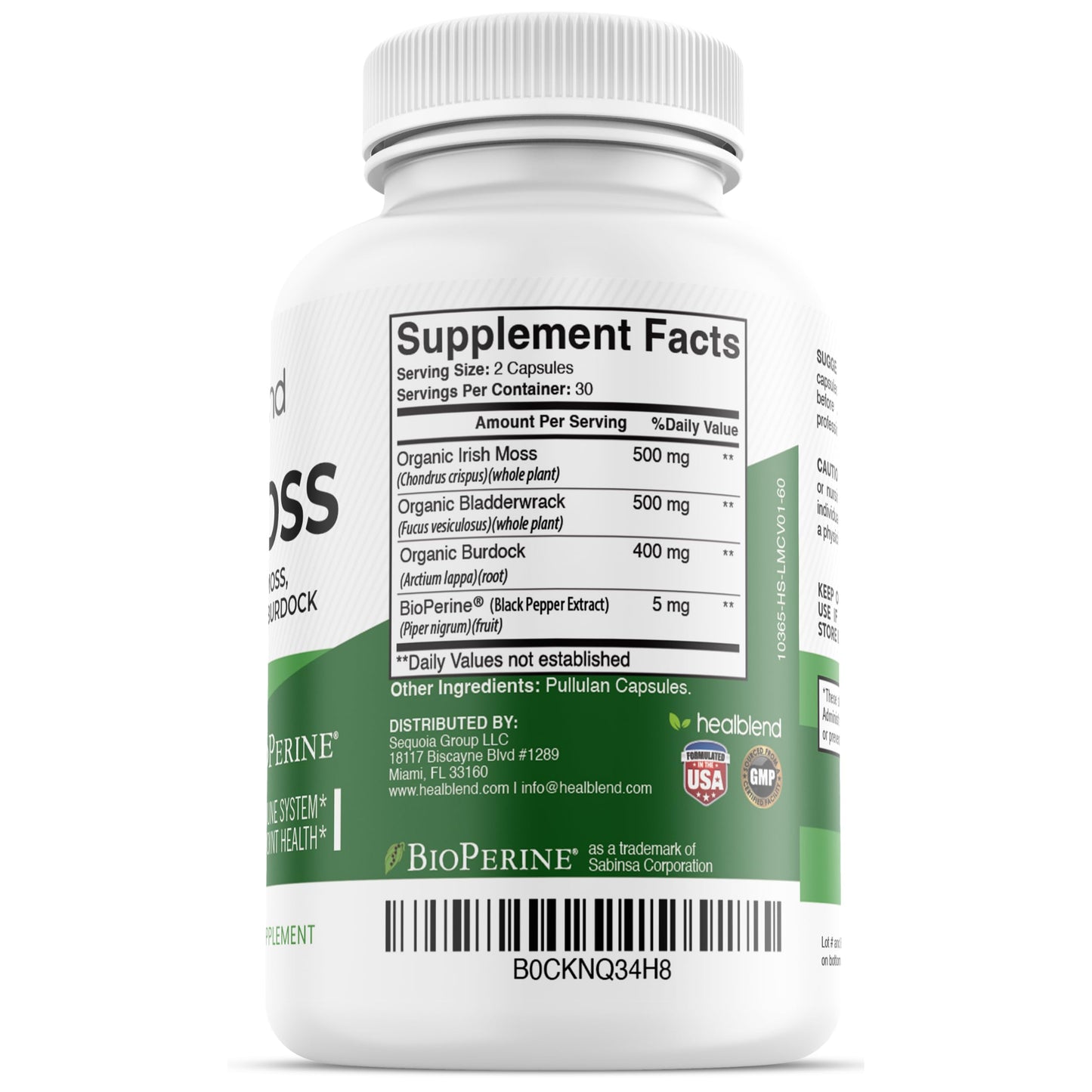 Healblend Organic Sea Moss, Bladderwrack, Burdock, & BioPerine - 1405mg with Black Pepper - Natural Wellness and Detox Support Supplement, 60 Capsules