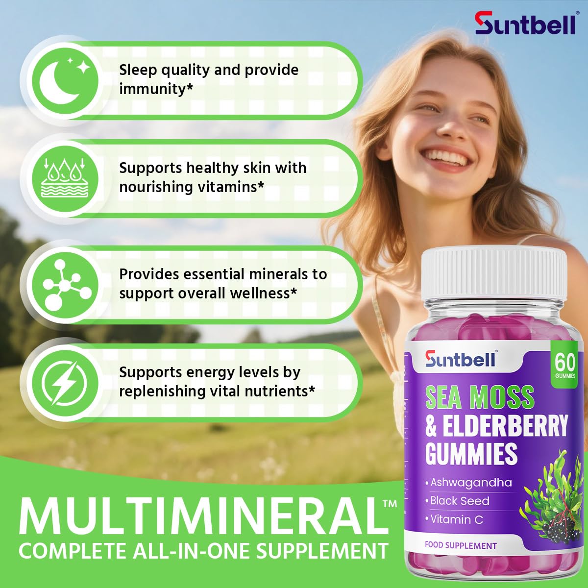 Suntbell Sea Moss Gummies, Immune Support with Elderberry, Ashwagandha, Zinc & Vitamin C, Vegan, Grape Flavor, 60 Gummies