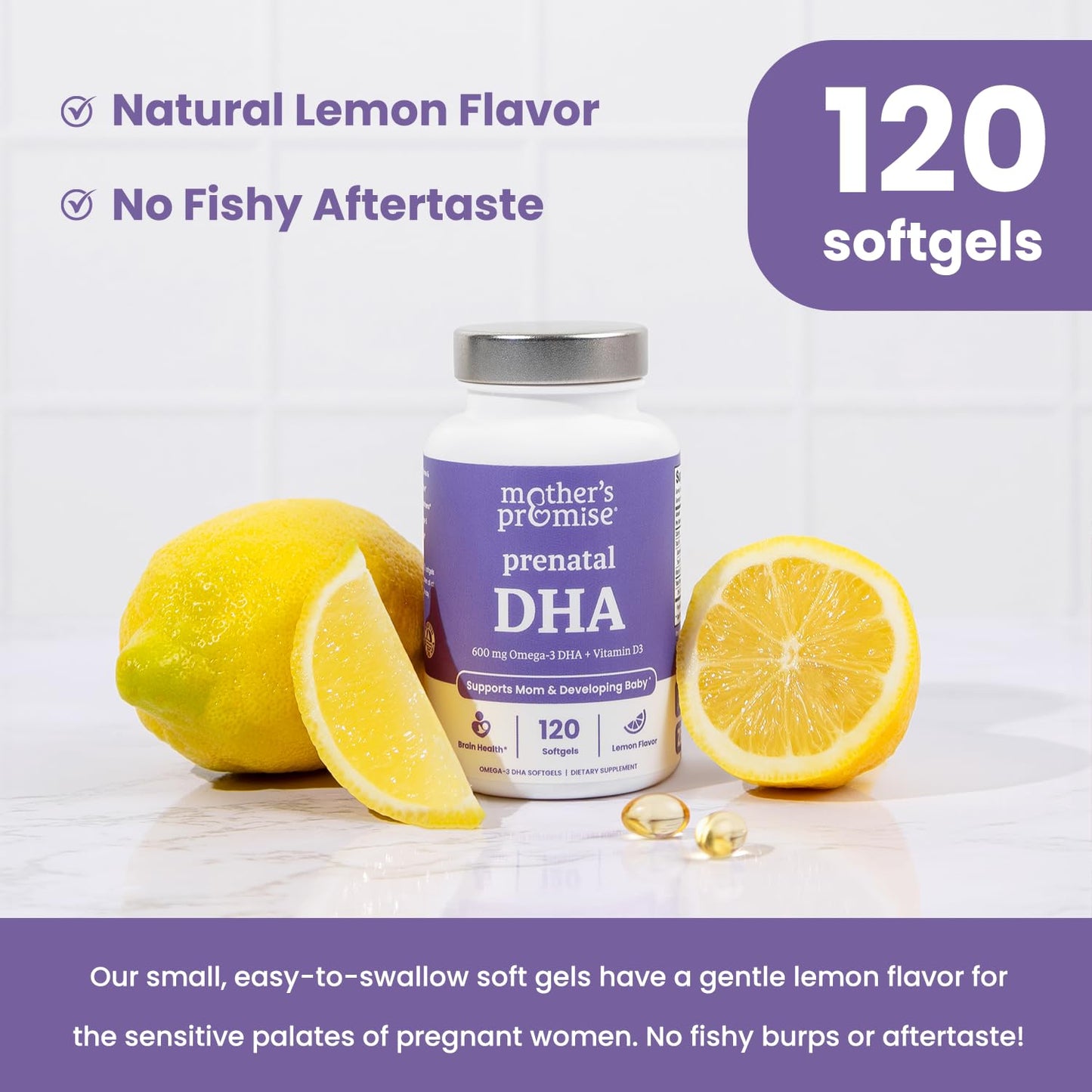 Mother's Promise Prenatal DHA for Women 600mg + 400 IU Vitamin D3 Softgels 120 Count