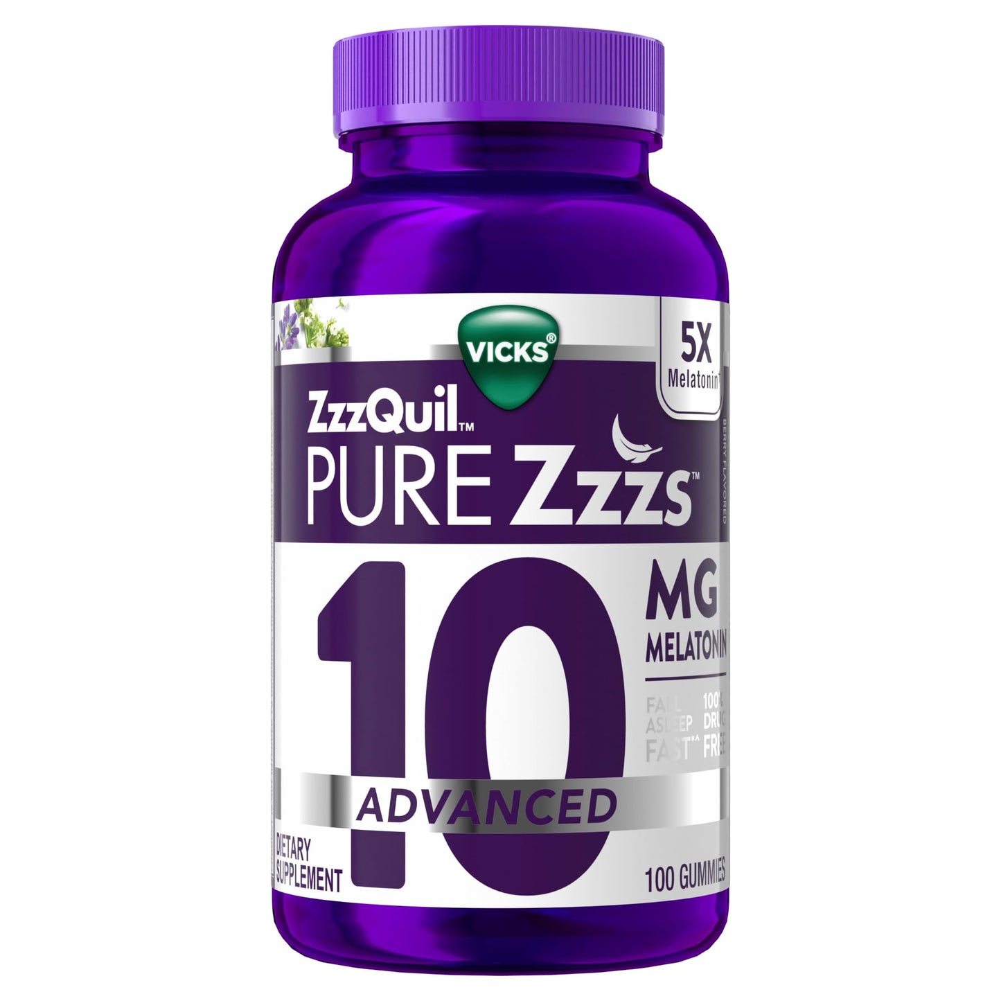 ZzzQuil Pure Zzzs Advanced Melatonin Gummies 10mg Sleep Aid with Chamomile & Lavender, Berry Flavor, 100 Gummies