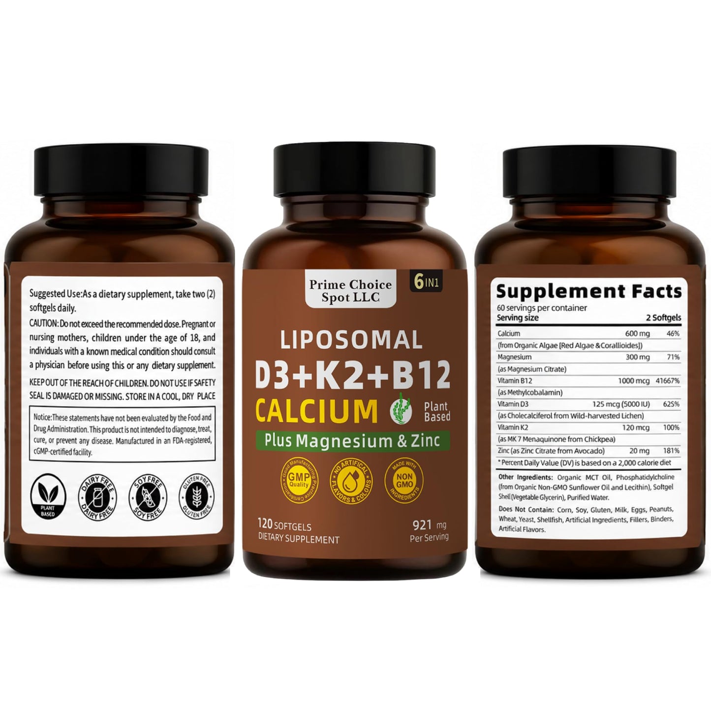 Prime Choice Spot LLC Vitamin D3 K2 B12 with Calcium Magnesium Zinc 5000 IU Softgels 120