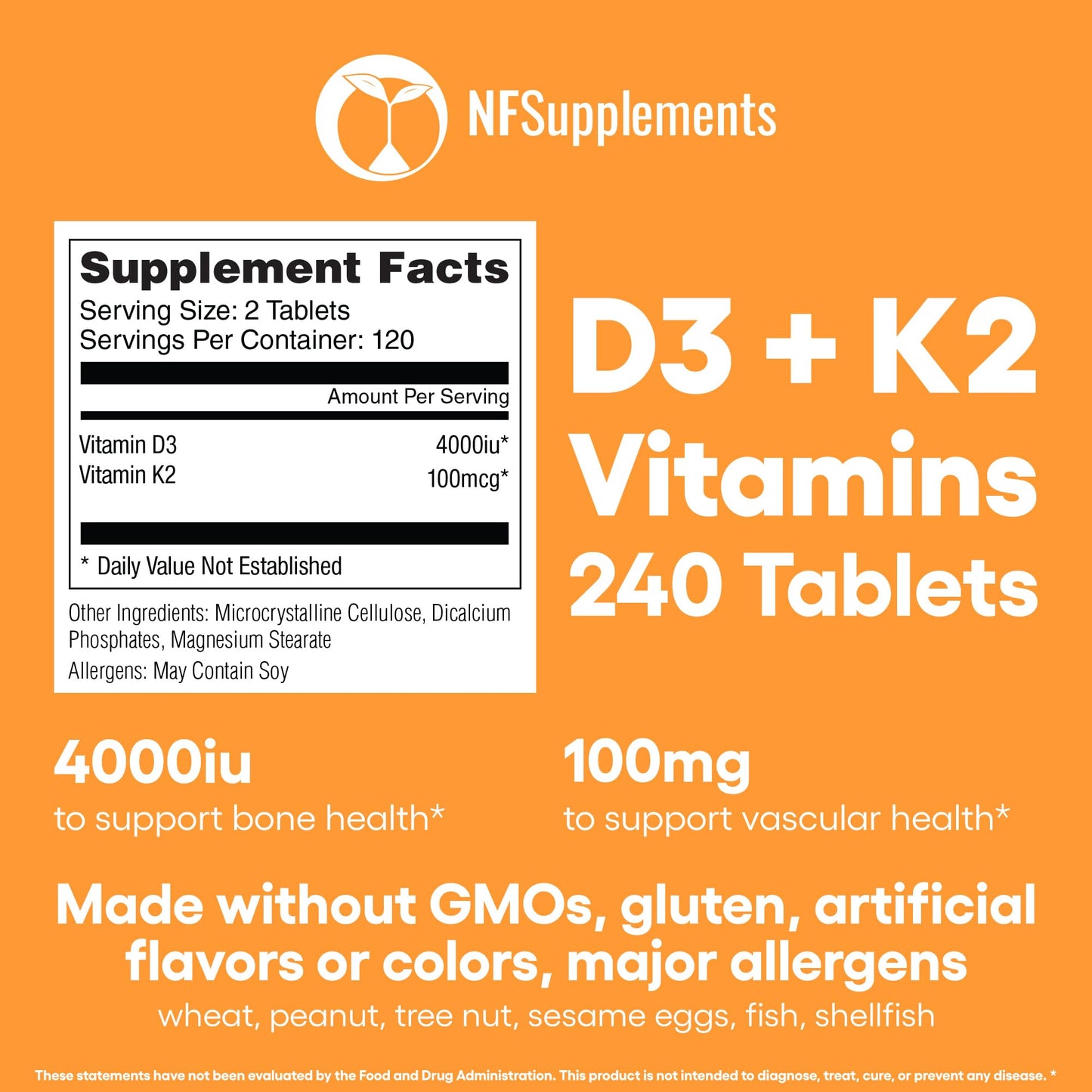 Natural Foundation Supplements Vitamin D3+K2 4000IU + 100mcg MK7 Vegetarian Tablets 240