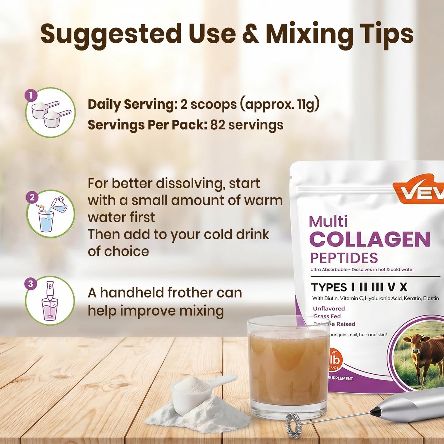 VEV Multi Collagen Peptides Powder Types I, II, III, V & X 32