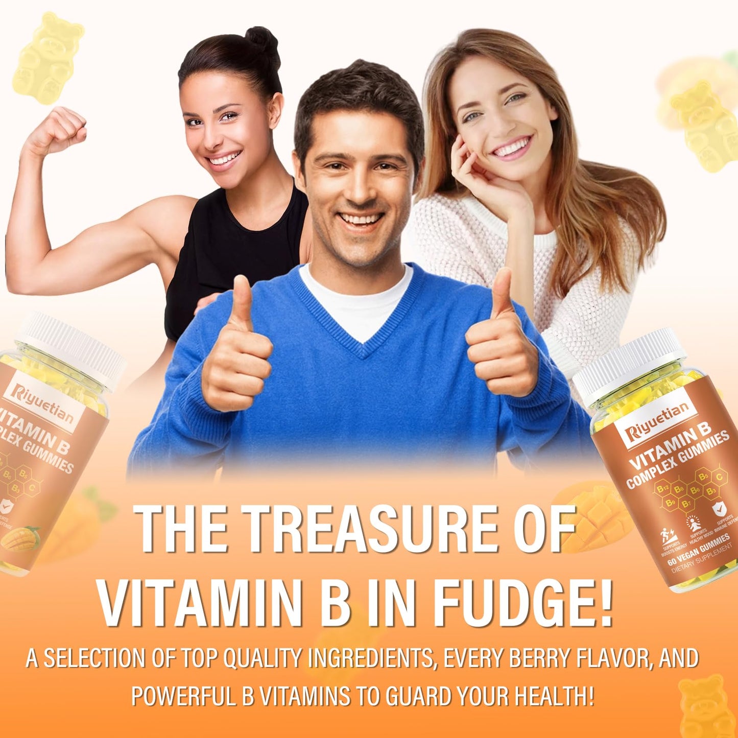 Riyuetian Vitamin B Complex Gummies with Biotin, Choline + Inositol, Vitamin C + Zinc – Supports Energy, Brain, Mood, Immune Health – Natural Mango Flavor – Vegan – 120 Gummies
