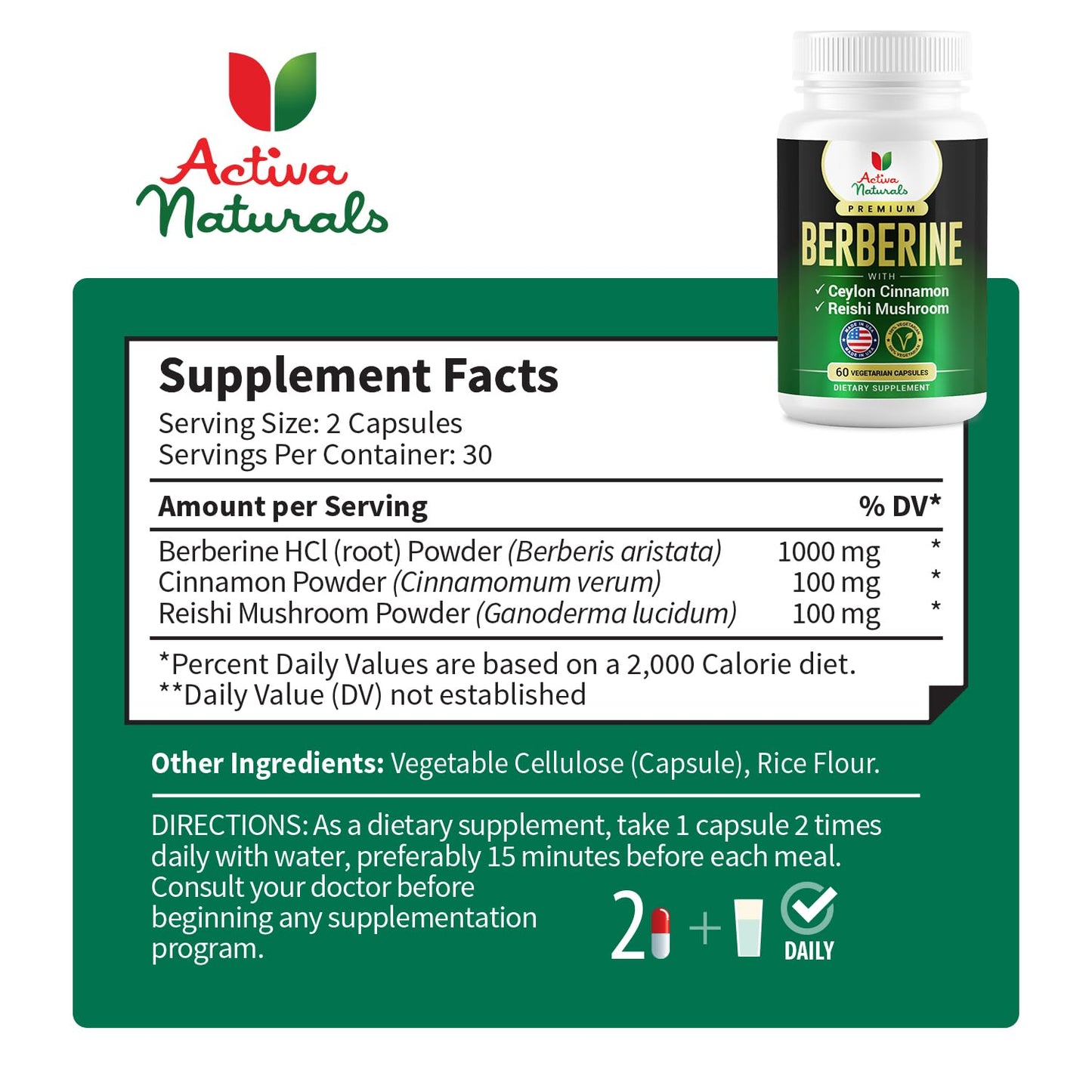 Activa Naturals Berberine with Ceylon Cinnamon & Reishi Mushroom Capsules, 90 Count