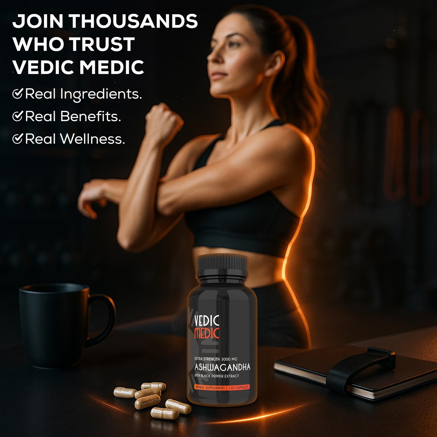 The Vedic Medic Organic Ashwagandha Capsules Extra Strength 3000mg with Black Pepper Extract, 120 Capsules