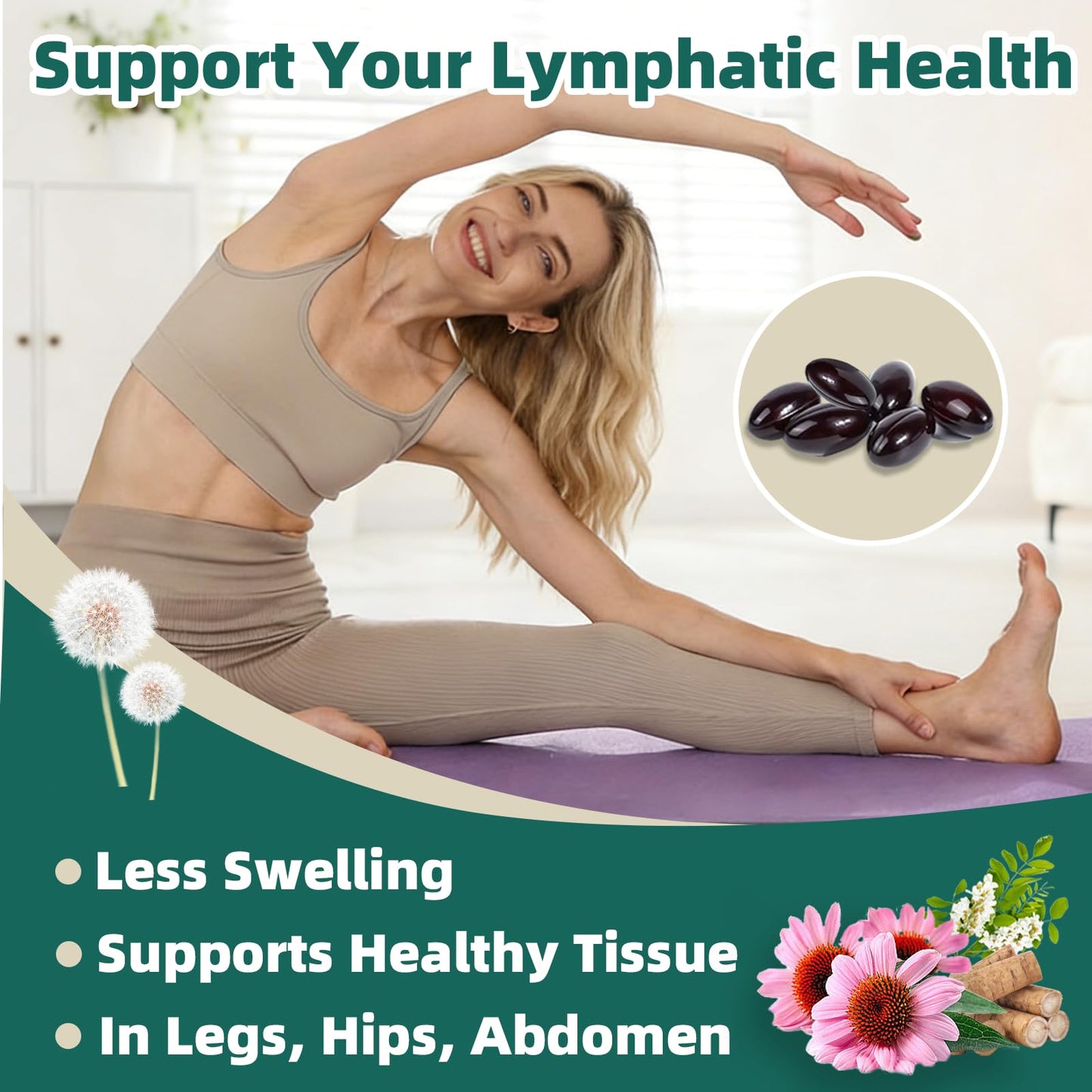 Skiseoy Lymphatic Drainage Supplements 4275mg Lymph System Support Herbal Blend with Echinacea, Dandelion & Burdock Root Softgel 300 Count