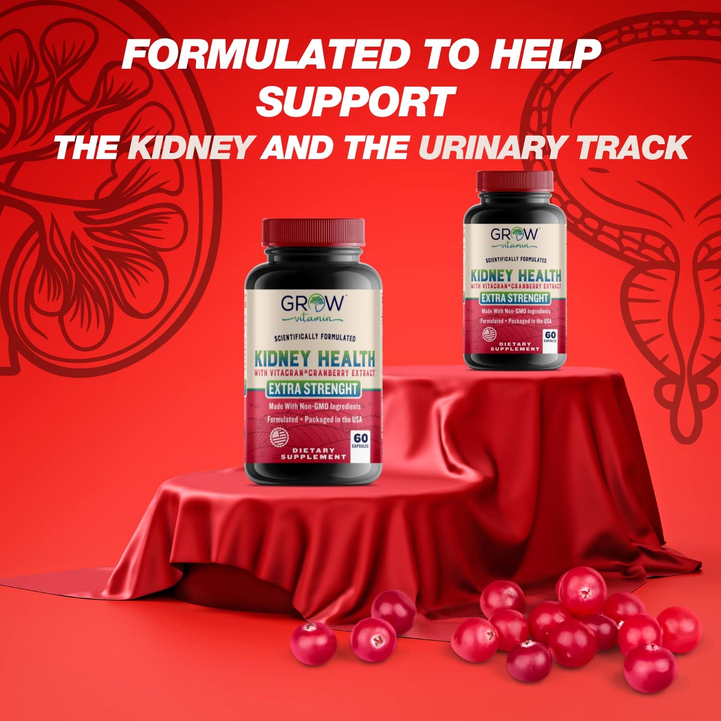 Grow Vitamin Premium Kidney Cleanse Supplement – Powerful Kidney Support Formula with Cranberry Extract Helps Support Healthy Kidneys & Urinary Tract Support, 60 Capsules