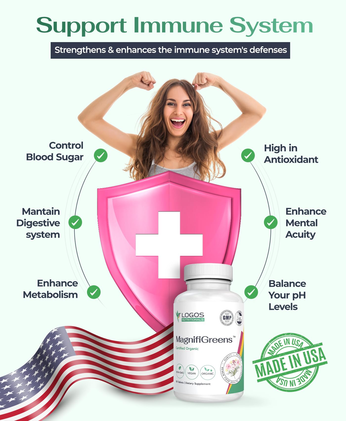 logos nutritionals MagnifiGreens - Super Greens, Fruits and Vegetables Supplements | 28 Ingredients with Alfalfa, Tart Cherry & More | Support Energy Level & Gut Health | Non-GMO, 60 Tablets