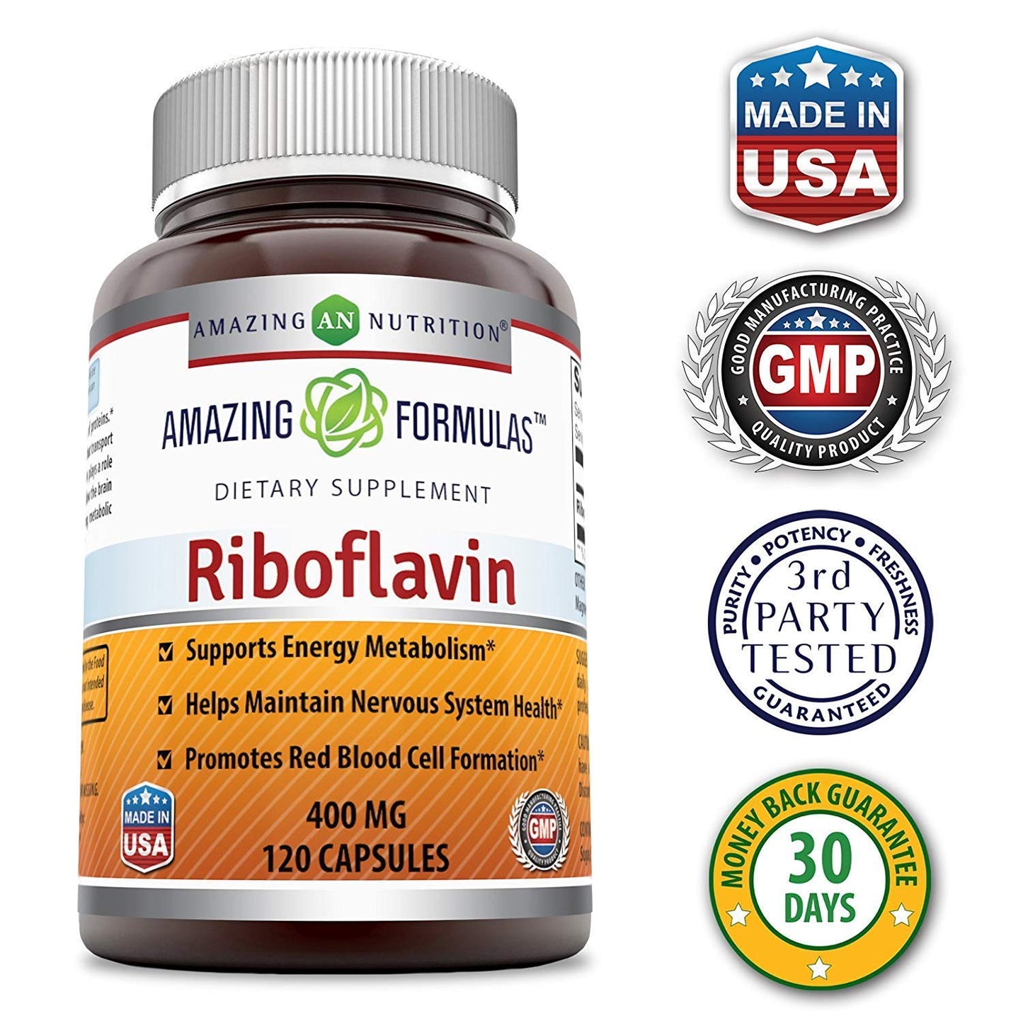 Amazing Nutrition Riboflavin 400 mg Capsules, Vitamin B2 Supplement, 1 Count