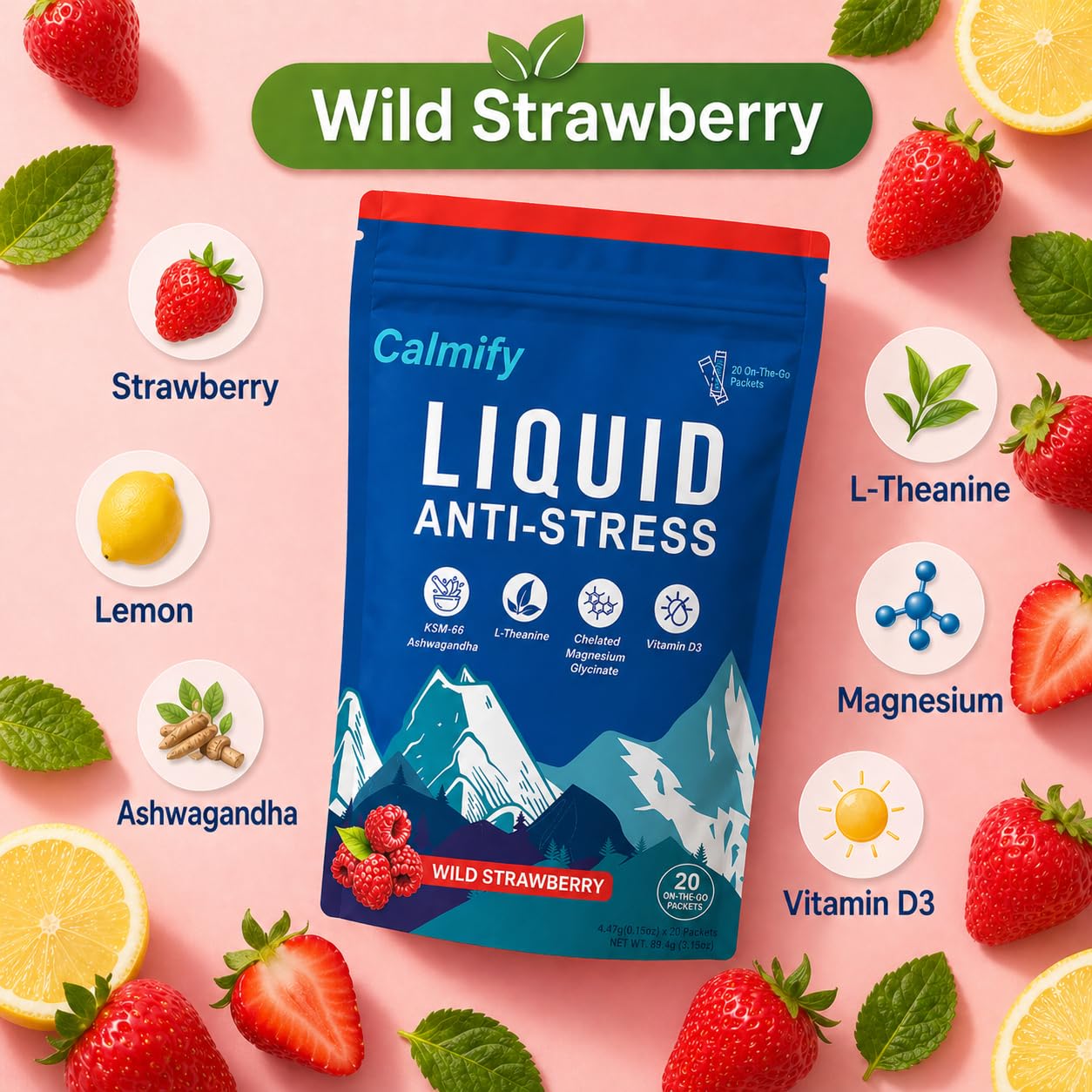Calmify Liquid Anti-Stress Cortisol Wild Strawberry Powder, 1 Ounce