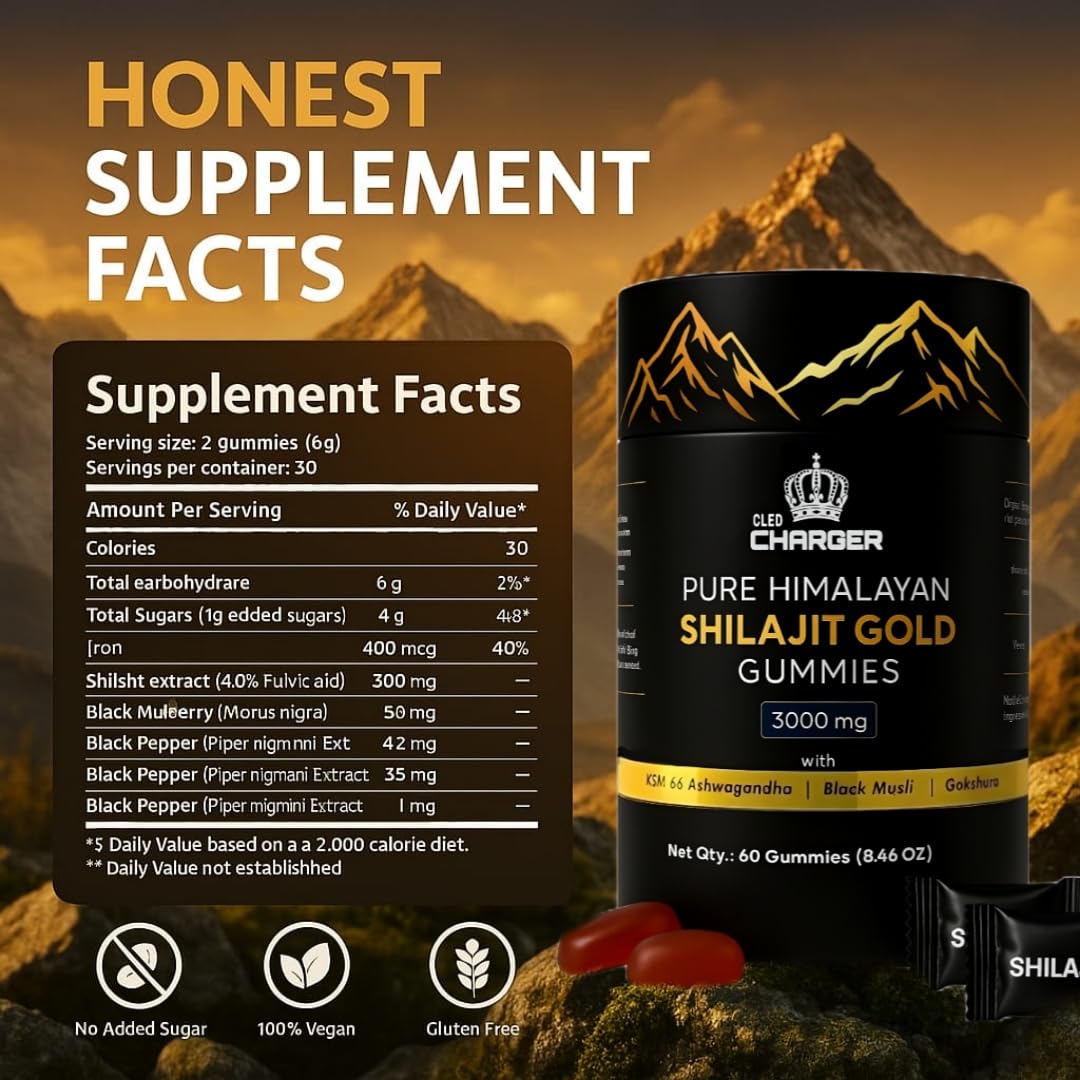 Cled Charger Shilajit Gummies for Men & Women, 3000mg Pure Organic Himalayan Shilajit with Ashwagandha Gokshura, 85+ Trace Minerals & Fulvic Acid, Non-GMO, No Added Sugar, 60 Gummies
