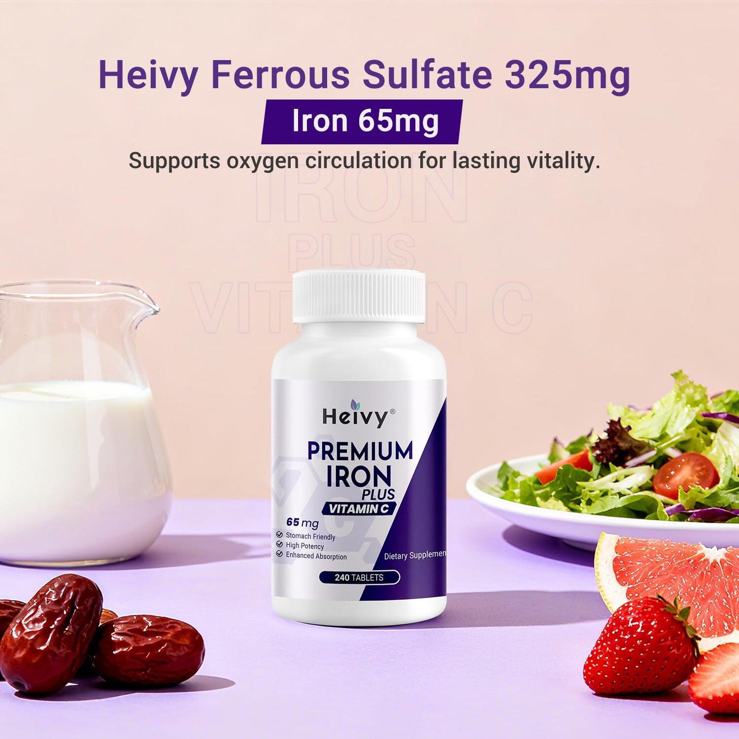 Heivy Ferrous Sulfate 325mg, Iron 65mg, Iron with Vitamin C – High Potency Iron Supplement for Women & Men, Gentle on Stomach, 240 Tablets