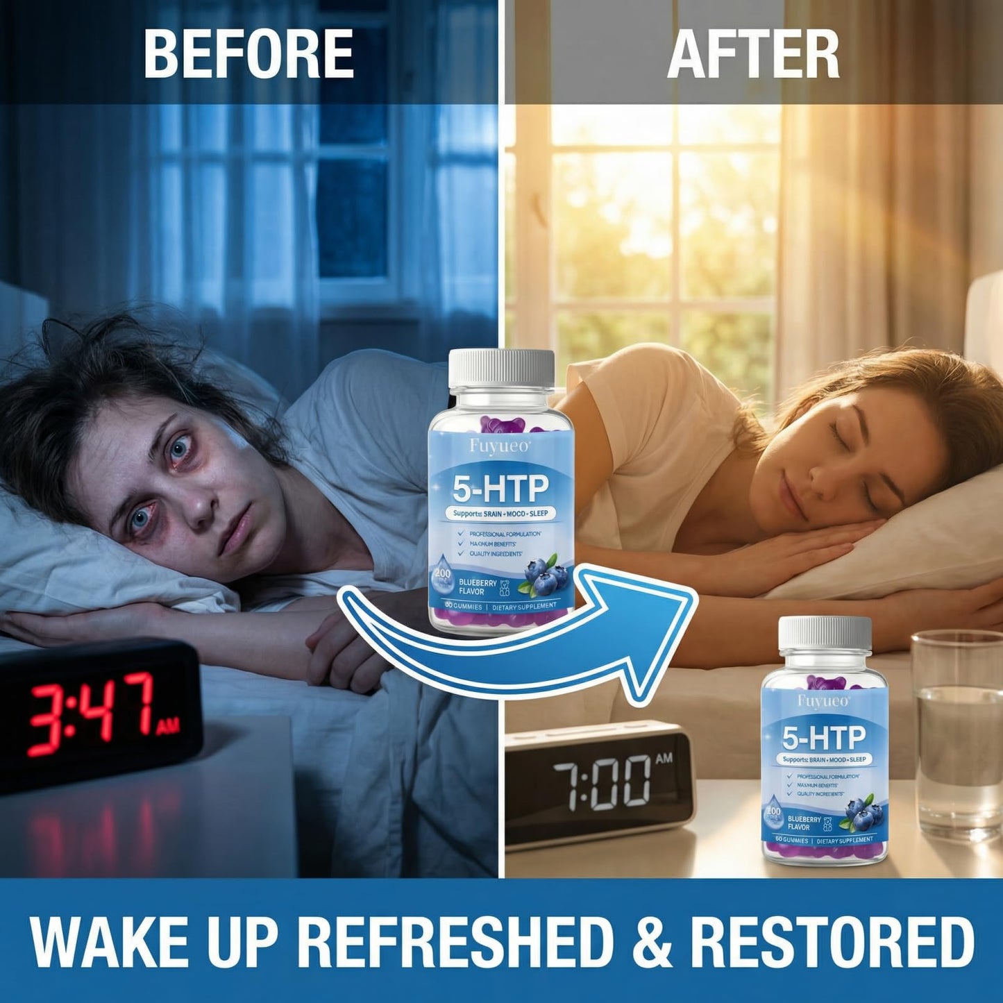 FUYUEO 5-HTP Gummies 200mg with SAMe & Vitamin B6, 60 Gummies