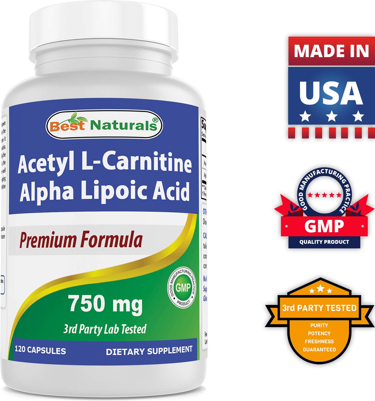 Best Naturals Acetyl L-Carnitine and Alpha Lipoic Acid 750 mg and CoQ10 600 mg 60 Capsules