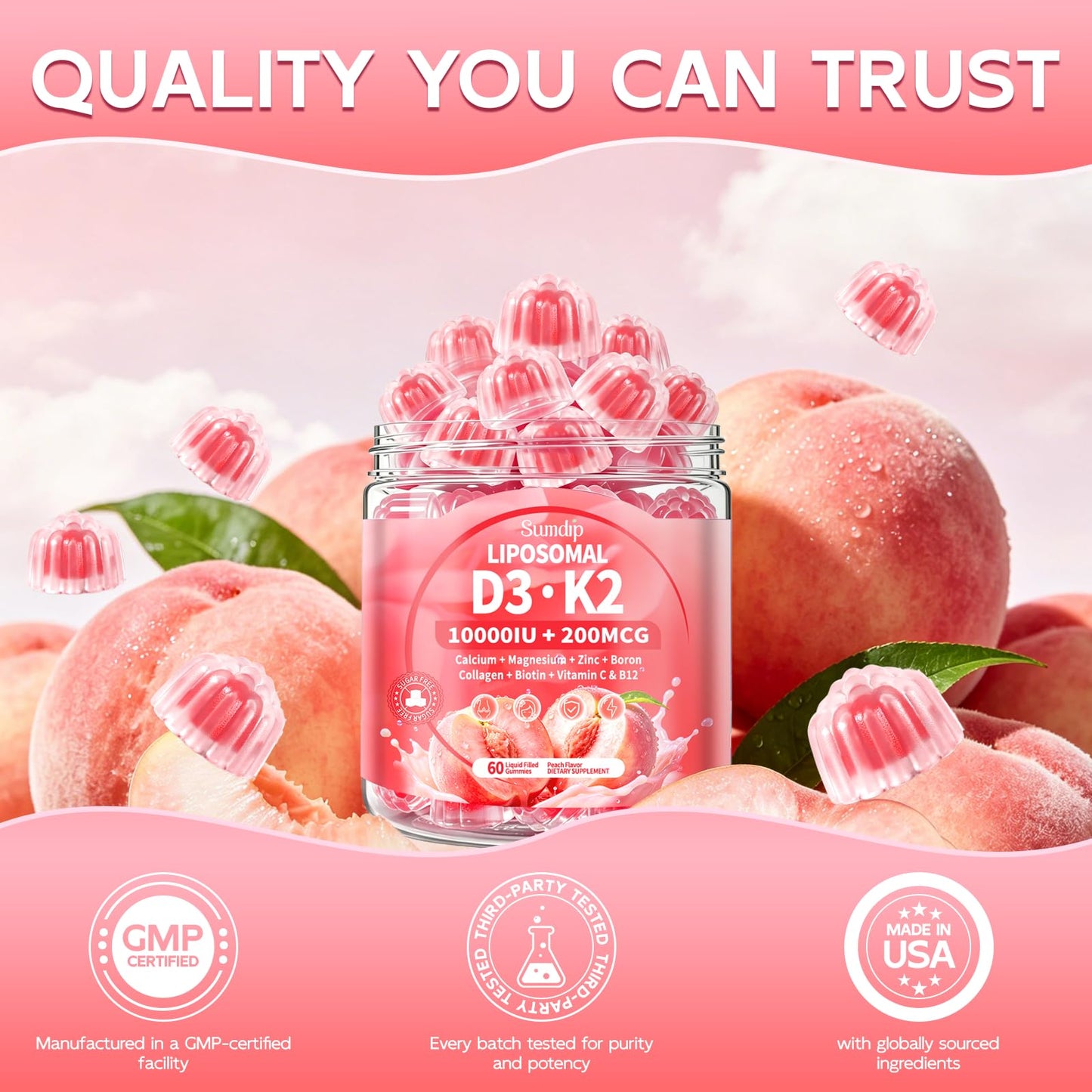 SumDIP Vitamin D3 K2 Gummies 10-in-1 Liposomal 10,000 IU Vitamin D3 with K2 (MK-7) 200 mcg, Calcium, Magnesium, Collagen, Biotin, Zinc & B12 - 60 Count