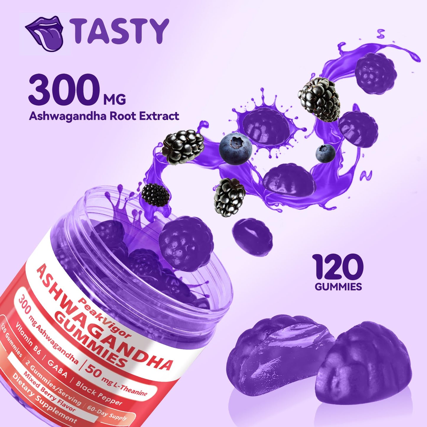 PeakVigor Ashwagandha Gummies 300mg + L-Theanine 50mg, GABA & Vitamin B6 – Plant-Based Mixed Berry Formula with Black Pepper, 120 Gummies