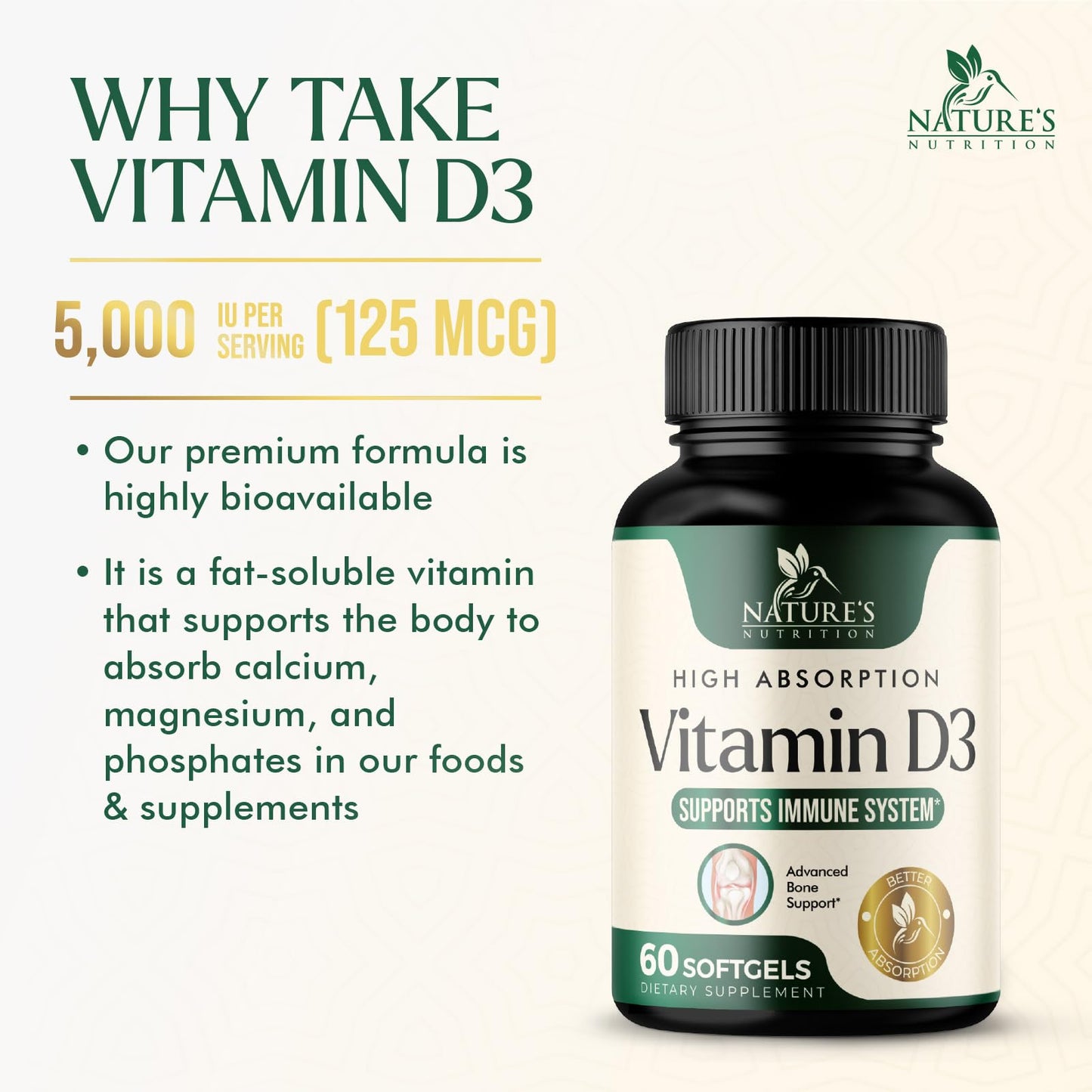 Nature's Nutrition Vitamin D3 5000iu (125mcg) Softgels, 60 Count